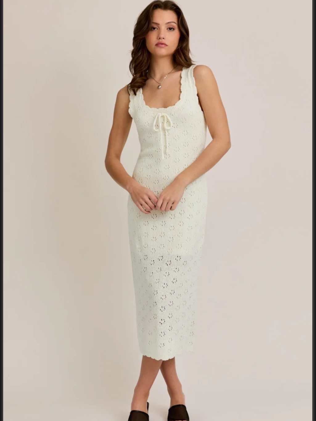 Ivory Crochet Knit Midi Dress With Tie Front